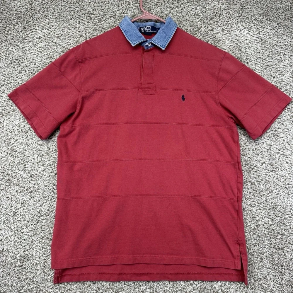 Vintage 90s Polo Ralph Lauren Polo Shirt Men's Size Large Red Denim Collar Rugby